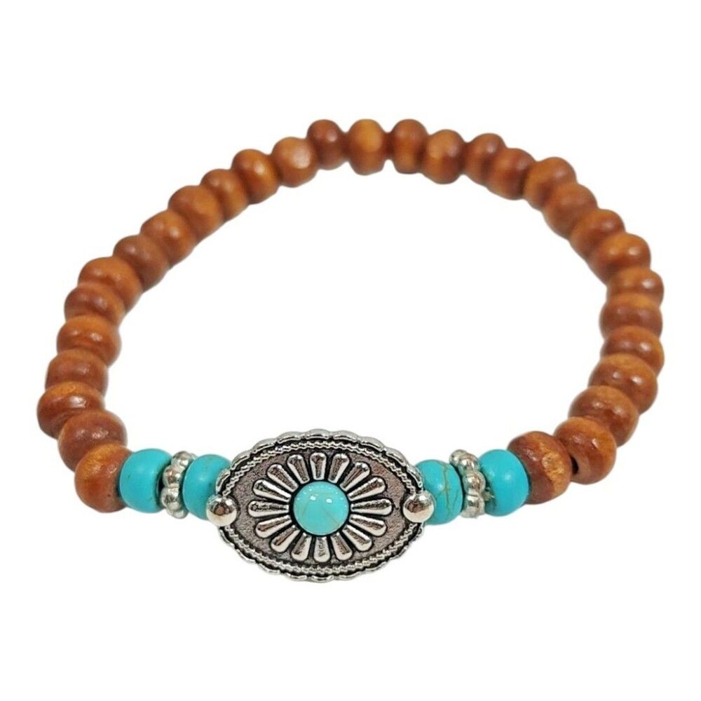 Silver Tone Metal Teal Blue Plastic & Brown Wood Beaded Bracelet 6.75" Western